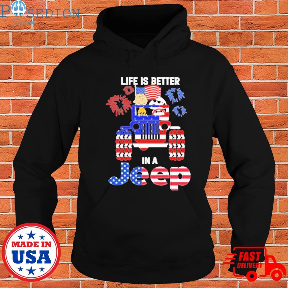 Official Snoopy and Charlie brown life kids better in jeep American flag T-s Hoodie