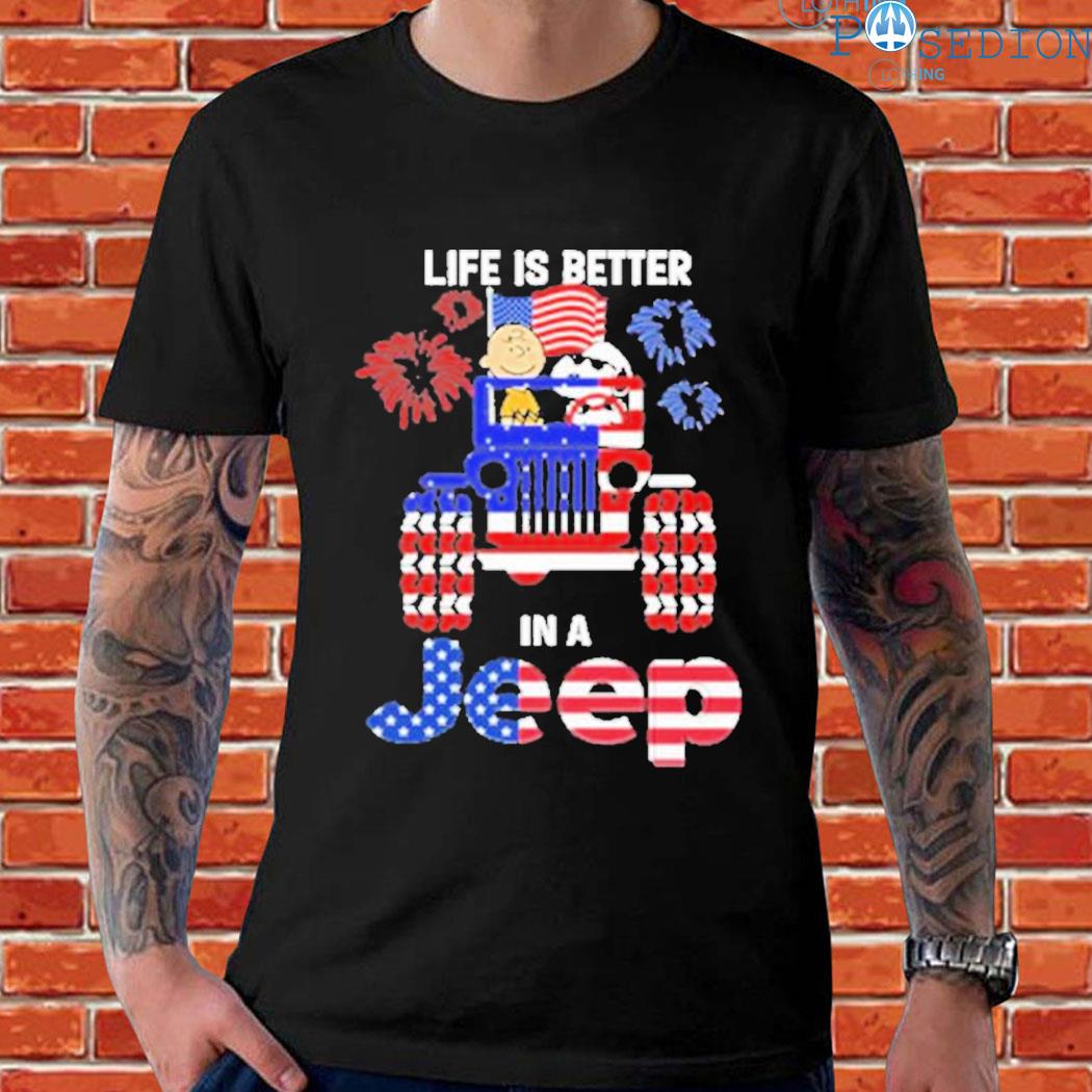 Official Snoopy and Charlie brown life kids better in jeep American flag T-shirt