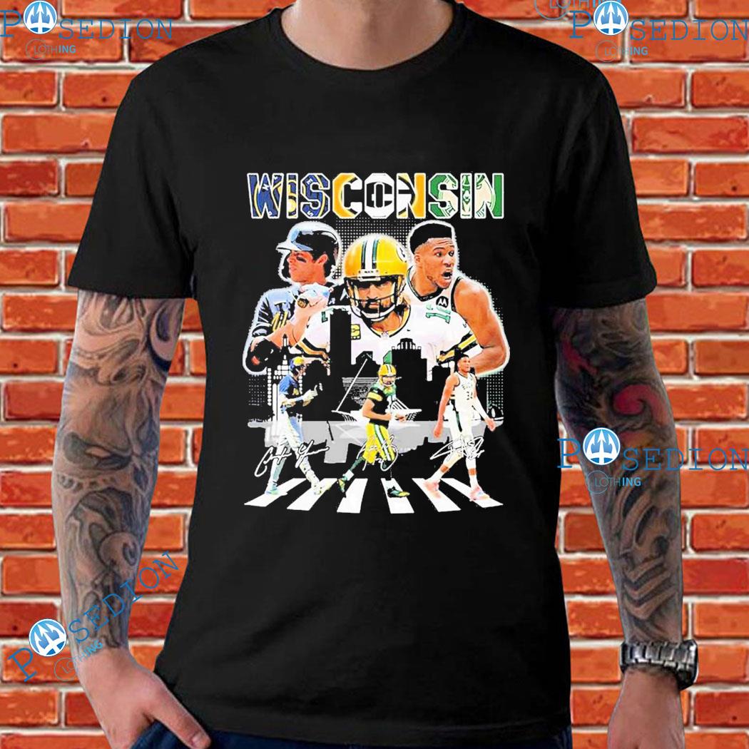 Wisconsin Sports Abbey Road Christian Yelich Aaron Rodgers And Giannis  Antetokounmpo Signatures T-Shirt - Rosita Deal